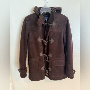 Chaps est 1978 Duffle Coat Womens Small Brown Faux Fur Suede Hooded Long Sleeve